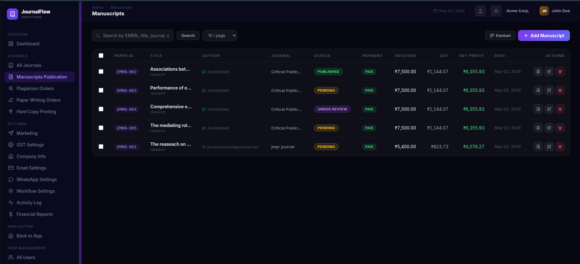 JournalFlow submission list — dark mode